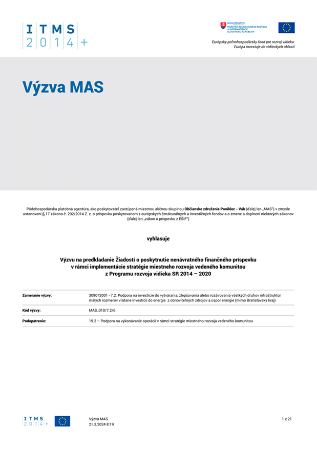 Výzva na predkladanie Žiadostí o poskytnutie NFP pre opatrenie 7.2 – PREDĹŽENIE VÝZVY